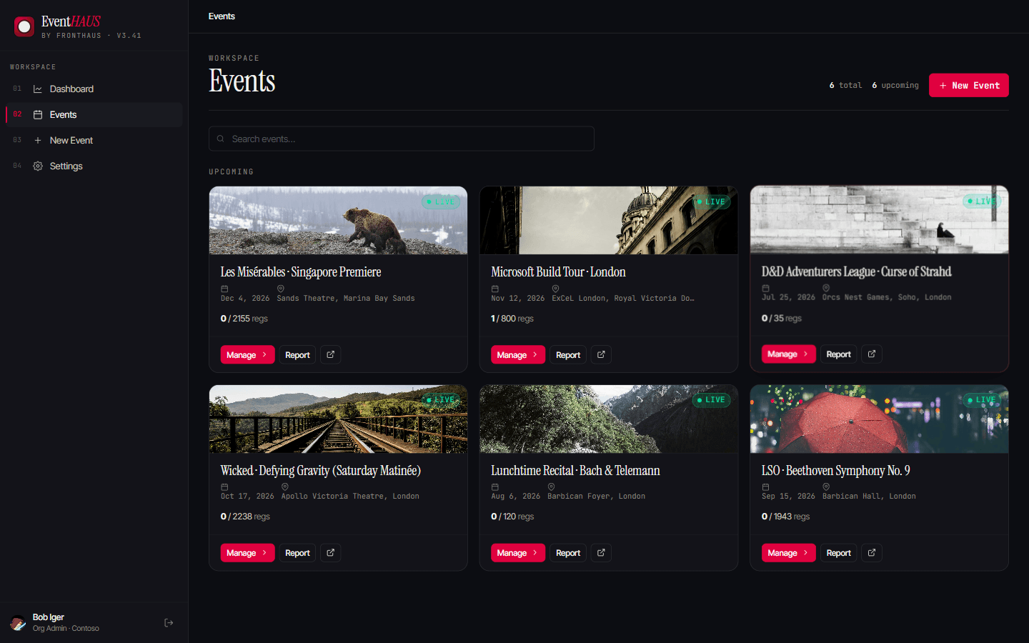 The EventHAUS events workspace listing upcoming events